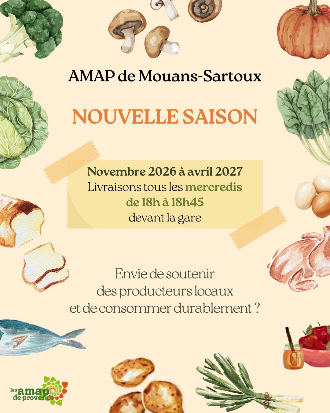 Affiche Nouvelle saison AMAP de Mouans-Sartoux : novembre 2026 à avril 2027, livraisons tous les mercredis de 18h à 18h45 devant la gare